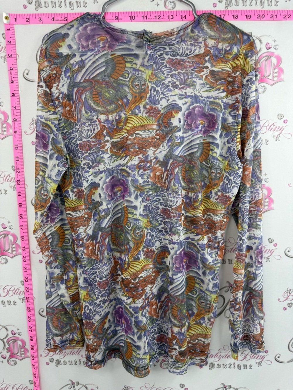 Long Sleeve mesh Floral & Dragon Print tattoo style Top - Purple, Orange, Green - Picture 2 of 12